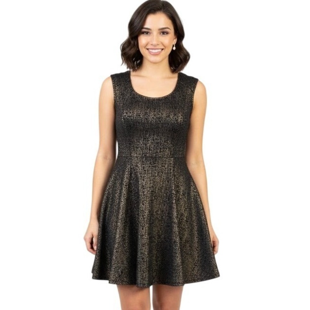 Aiden Y Dress Fit And Flare Black Gold Metallic Jacquard Scoop Neck‎ Size Small